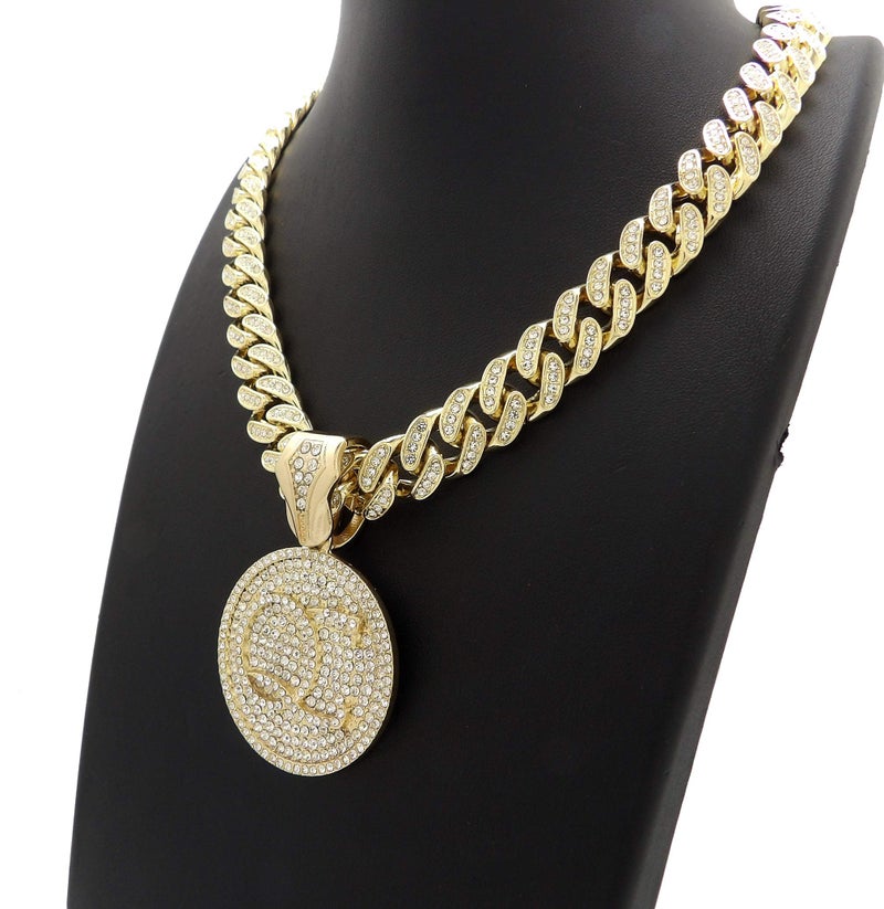 BLINGFACTORY Men Hip Hop QC Quality Control Pendant & 12mm 18in Full Iced Box Lock Cuban Chain Necklace - Image 3